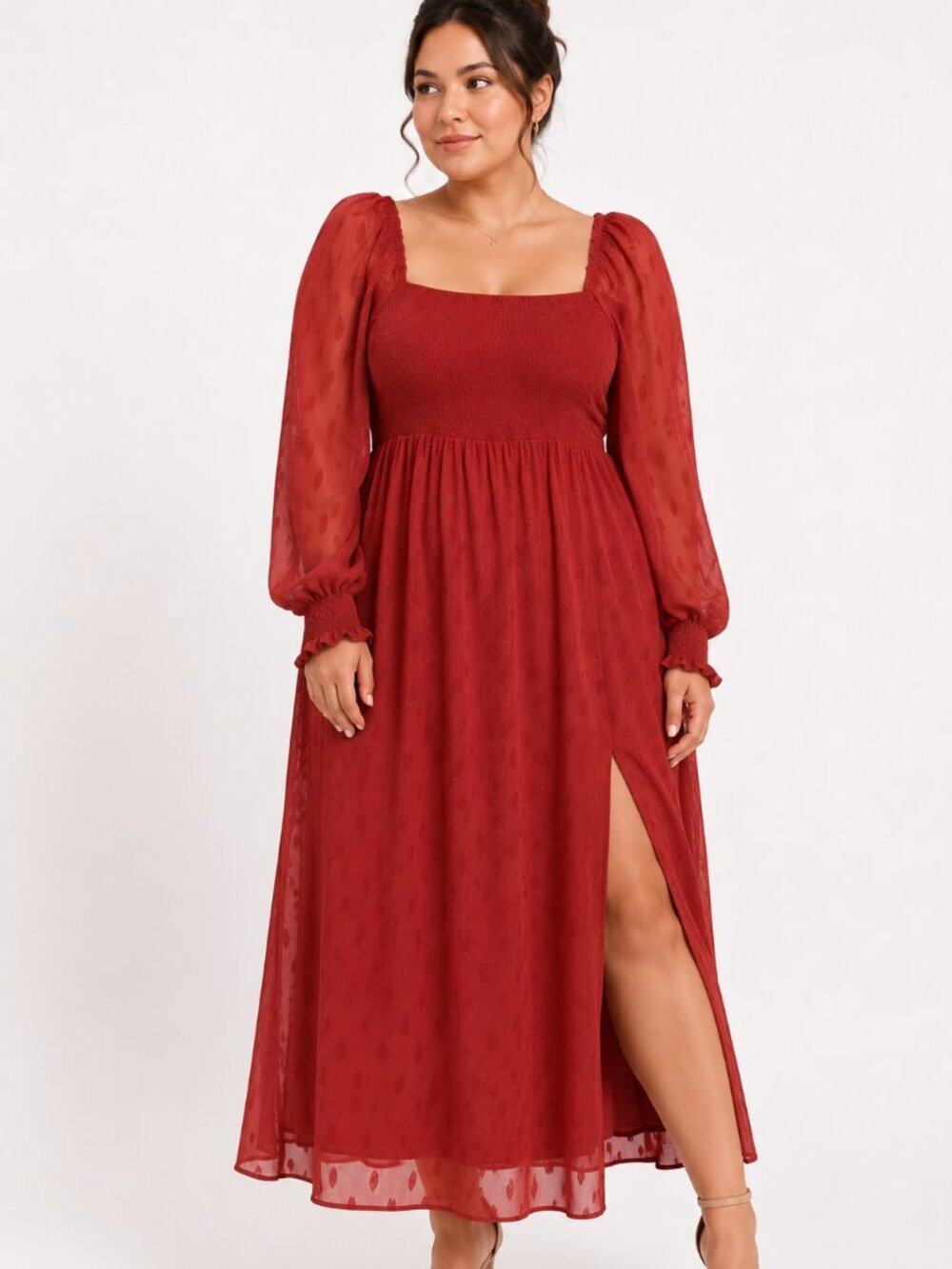 O.P.T. Rust Red Smocked Maxi Dress Square Neck Puff Sleeve Metallic Clip Dot M